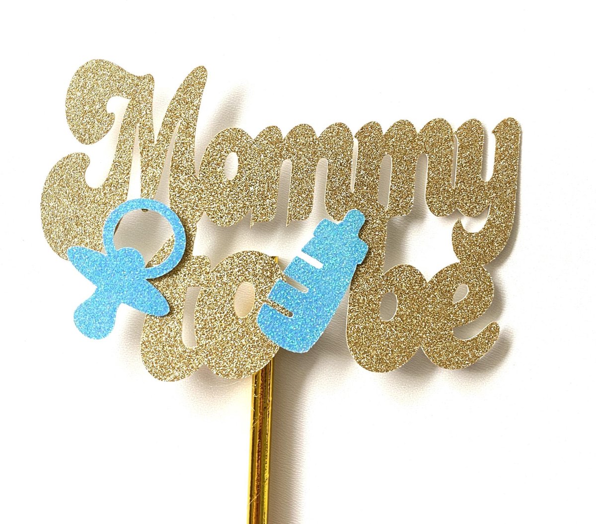 Taarttopper| Cake topper |Baby| Mommy To Be| Goud glitter| Blauw 14 cm| karton